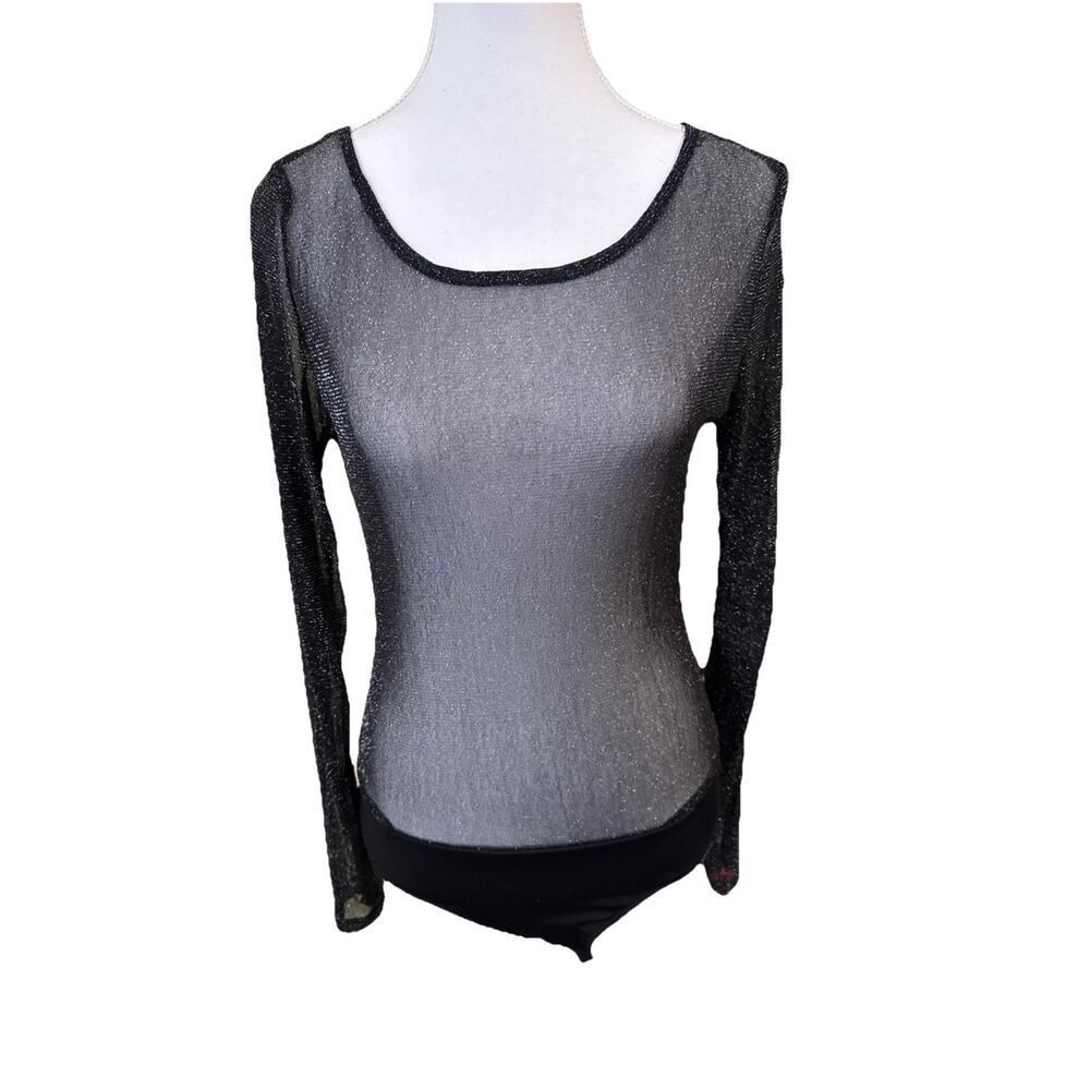 Lulu’s Black Sheer Shimmer Long‎ Sleeve Bodysuit Size Large NWT Holiday Party